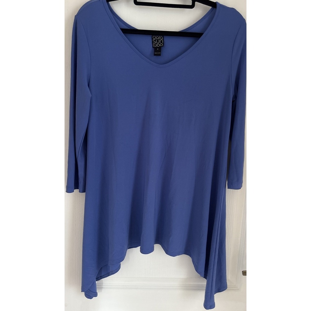 Clara Sun Woo Shirt Womens Artsy Blue High Low Asymmetrical Tunic Top USA Small